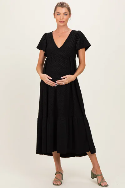 PinkBlush Black Textured Ruffle Hem Maternity Maxi Dress
