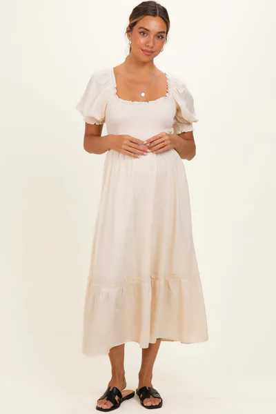 PinkBlush Cream Smocked Puff Sleeve Ruffle Trim Maternity Midi Dress