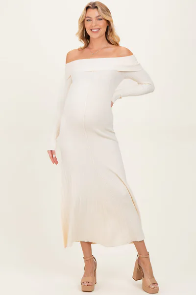 PinkBlush Ivory Off Shoulder Maternity Midi Sweater Dress