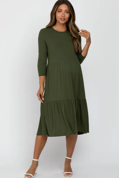 PinkBlush Olive Tiered Ribbed 3/4 Sleeve Maternity Midi Dress