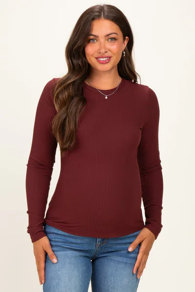 PinkBlush Merlot Brushed Rib Knit Maternity Long Sleeve Top