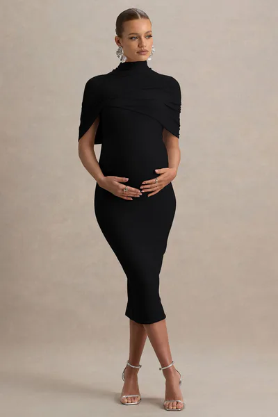 Club L London Augustina | Black Maternity Midi Dress With Cape