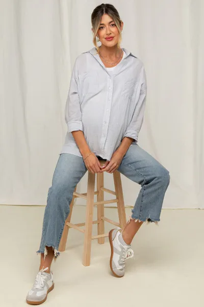 PinkBlush Light Grey Cotton Gauze Oversized Maternity Button Down Shirt