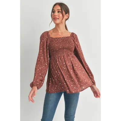Target Hello Miz Women's Smocked Long Sleeve Square Neck Floral Maternity Top - Brown - Medium