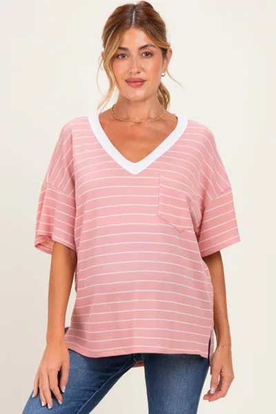 PinkBlush Coral Striped Short Sleeve V-Neck Maternity Top