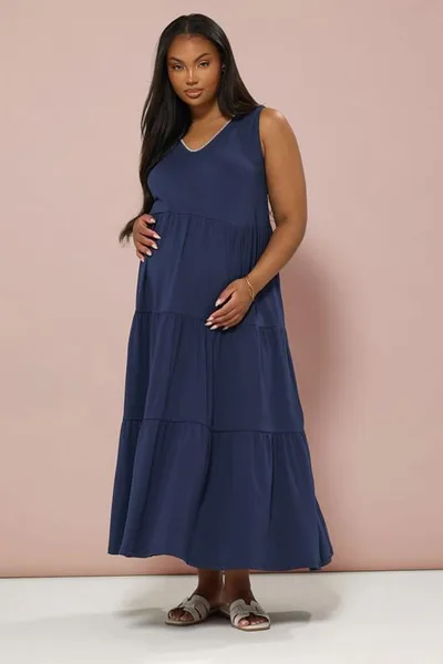 Yours Clothing BUMP IT UP MATERNITY Navy Blue Blanket Stitch Tiered Maxi Dress