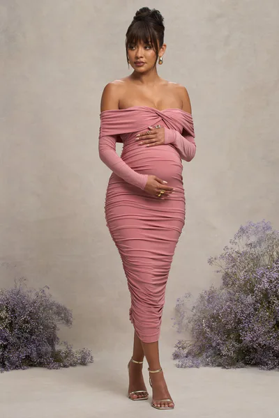 Club L London Neva | Blush Bardot Twist Maternity Midi Dress