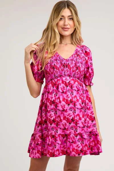 PinkBlush Fuchsia Floral Smocked V-Neck Ruffle Maternity Dress
