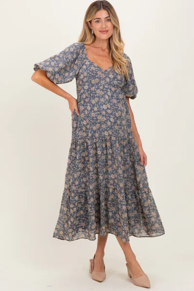 PinkBlush Blue Floral Sweetheart Neckline Puff Sleeve Maternity Maxi Dress