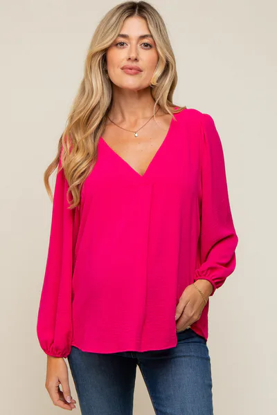 PinkBlush Fuchsia Long Puff Sleeve Maternity Blouse Top