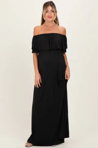 PinkBlush Black Ruffle Off Shoulder Maternity Maxi Dress
