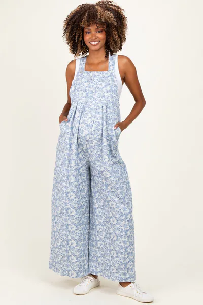 PinkBlush Denim Floral Twill Maternity Overalls