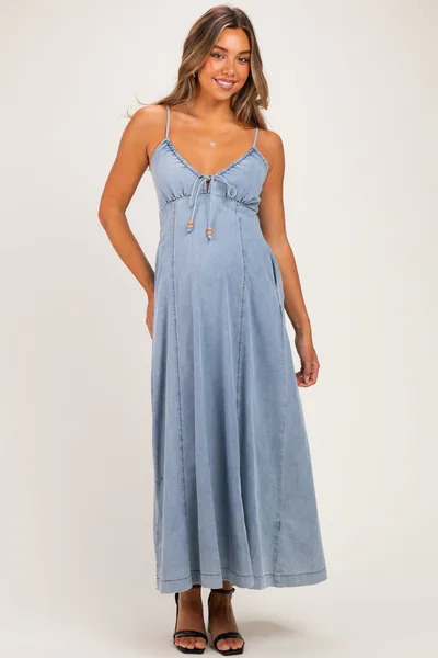 PinkBlush Light Blue Chambray Beaded Front Tie Maternity Maxi Dress