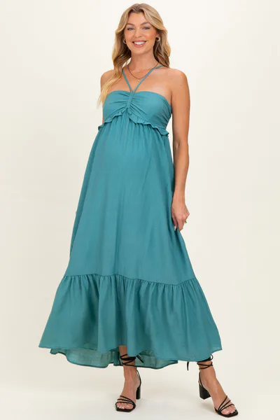 PinkBlush Aqua Teal Halter Neck Tiered Cutout Maternity Maxi Dress