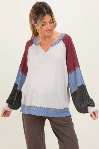 PinkBlush Burgundy Color Block Long Sleeve V-Neck Maternity Top