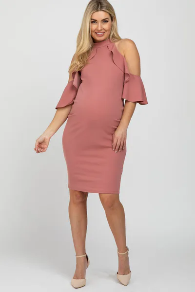 PinkBlush Mauve Mock Neck Ruffle Trim Fitted Maternity Dress