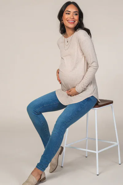 PinkBlush Beige Long Sleeve Ribbed Maternity Top