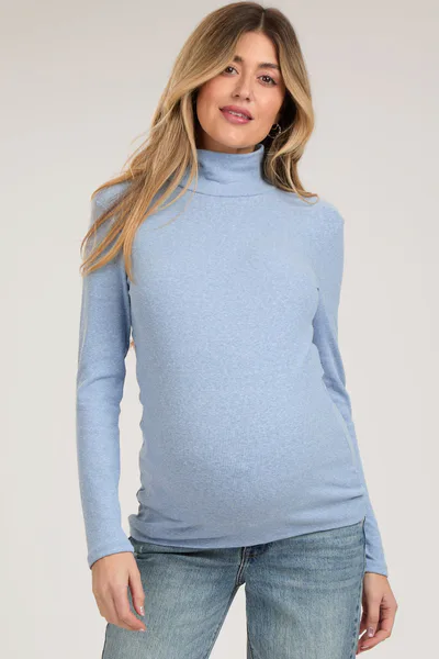 PinkBlush Light Blue Heathered Ribbed Mock Neck Long Sleeve Maternity Top