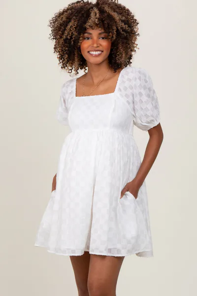 PinkBlush White Smocked Back Textured Babydoll Maternity Mini Dress