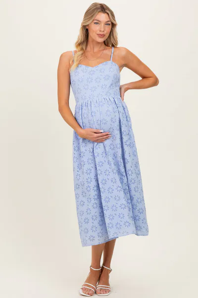 PinkBlush Powder Blue Floral Gingham Maternity Midi Dress