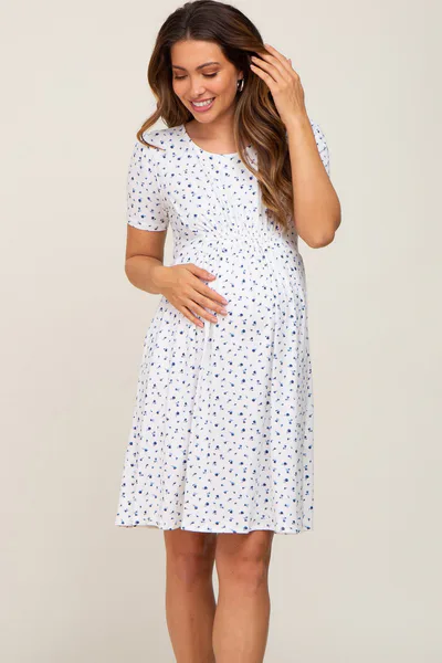 PinkBlush Ivory Floral Smocked Short Sleeve Maternity Dress