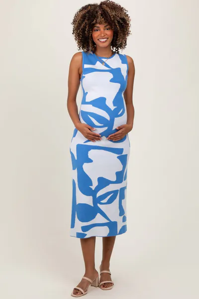 PinkBlush Blue Abstract Print Knit Sleeveless Maternity Midi Dress