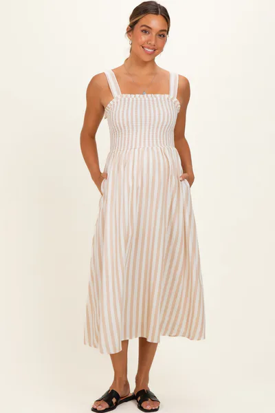 PinkBlush Khaki Striped Smocked Sleeveless Maternity Midi Dress