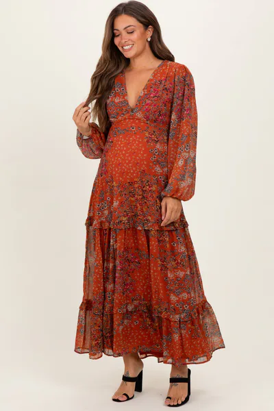 PinkBlush Orange Floral Chiffon V-Neck Long Sleeve Maternity Maxi Dress