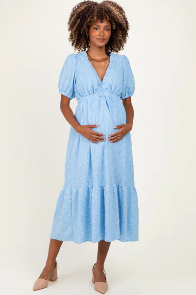 PinkBlush Light Blue Lace V-Neck Puff Sleeve Maternity Maxi Dress