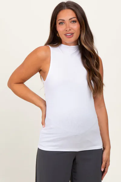 PinkBlush White Ribbed Sleeveless Mock Neck Maternity Top