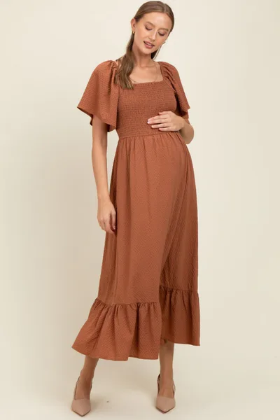 PinkBlush Camel Convertible Stretchy Smocked Maternity Maxi Dress