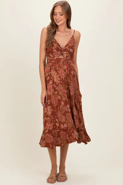 PinkBlush Brown V Neck Twist Front Cut Out Side Ruffle Slit Maternity Midi Dress