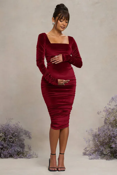 Club L London New Life | Berry Velvet Maternity Square Neck Ruched Midi Dress