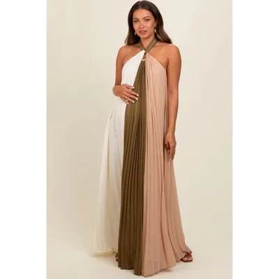 Target Pinkblush Olive Colorblock Pleated Halter Neck Maternity Maxi Dress Large