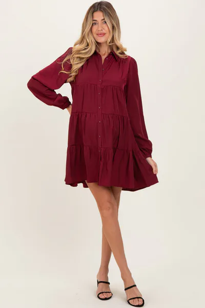 PinkBlush Burgundy Balloon Sleeve Tiered Maternity Shirt Dress