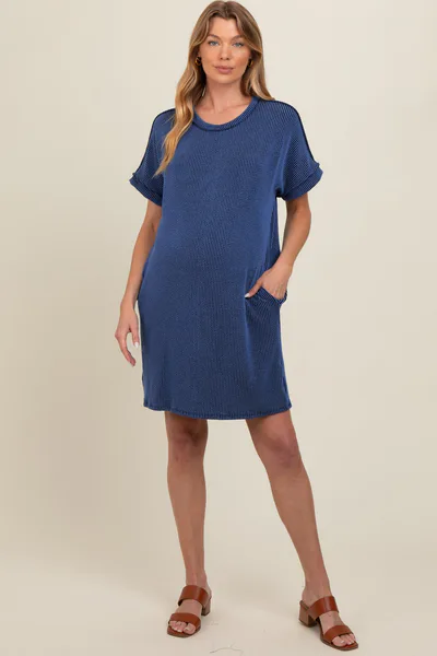 PinkBlush Navy Ribbed Rolled Cuff Maternity Dress