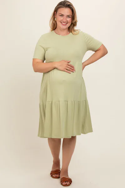 PinkBlush Light Olive Ribbed Tiered Maternity Plus Dress