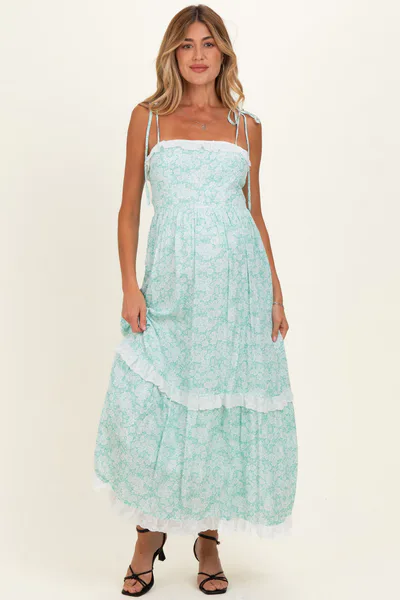 PinkBlush Jelly Mint Floral Shoulder Tie Ruffle Detail Maternity Maxi Dress