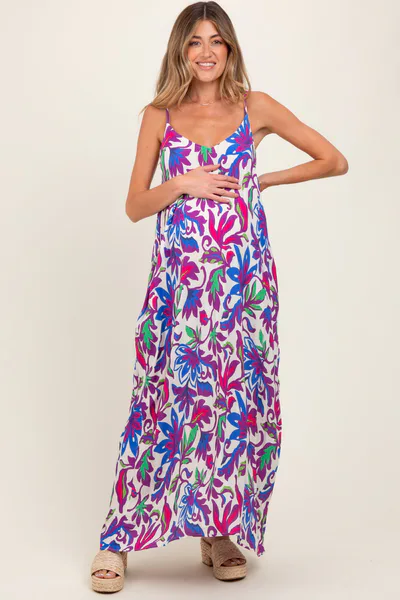 PinkBlush Purple Leaf Print Sleeveless Maternity Maxi Dress