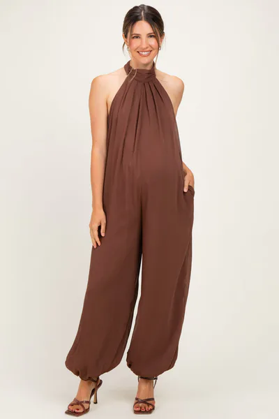 PinkBlush Brown Chiffon Halter Neck Open Back Maternity Jumpsuit
