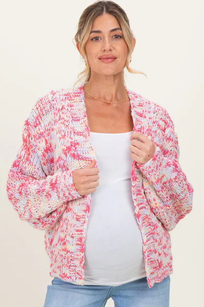 PinkBlush Pink Multicolor Chunky Knit Open Front Maternity Cardigan