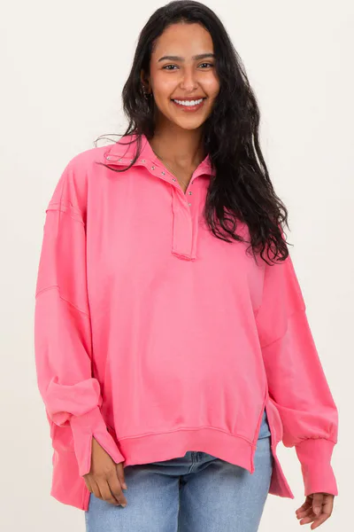 PinkBlush Bright Pink Snap Button Pullover Henley Maternity Sweatshirt