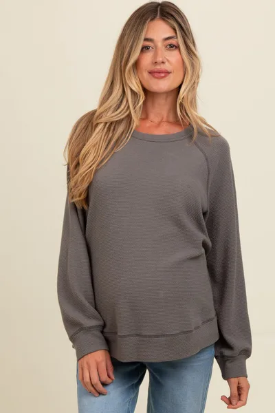 PinkBlush Charcoal Crewneck Waffle Knit Maternity Pullover Top