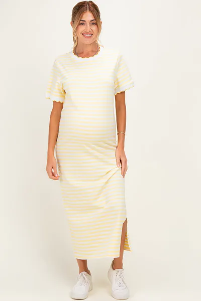 PinkBlush Butter Yellow Striped Scallop Trim Short Sleeve Maternity Maxi Dress