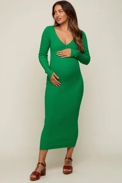 PinkBlush Green V-Neck Long Sleeve Fitted Maternity Maxi Dress