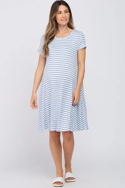 PinkBlush Blue Striped Short Sleeve Maternity Dress