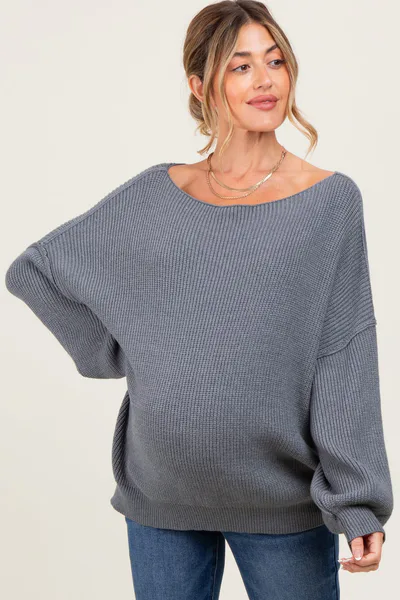 PinkBlush Charcoal Balloon Sleeve Boat Neck Knit Maternity Sweater