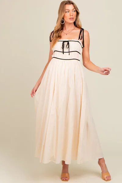 PinkBlush Cream Contrast Ribbon Trim Maternity Maxi Dress