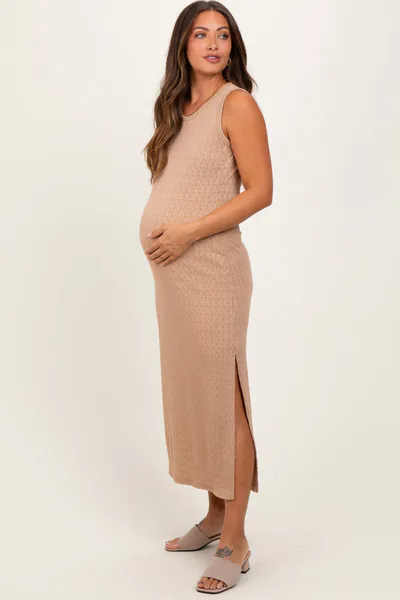 PinkBlush Light Taupe Jacquard Sleeveless Side Slit Maternity Midi Dress