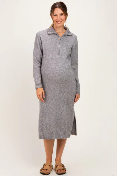 PinkBlush Grey Half-Zip Collar Side Slit Maternity Midi Sweater Dress